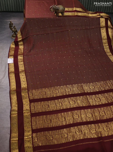 Pure mysore silk saree deep maroon with allover small zari checks & buttas and rettapet zari woven border
