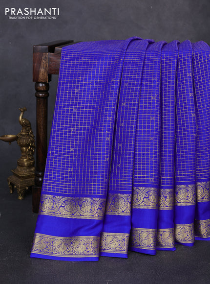 Pure mysore silk saree blue with allover small zari checks & buttas and rettapet zari woven border