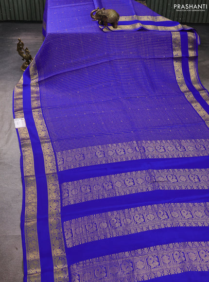 Pure mysore silk saree blue with allover small zari checks & buttas and rettapet zari woven border