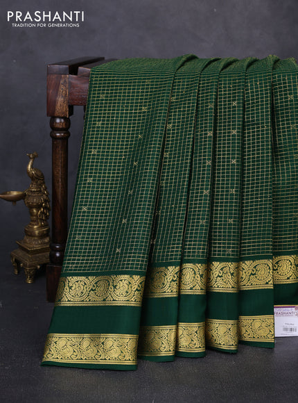 Pure mysore silk saree bottle green with allover small zari checks & buttas and rettapet zari woven border