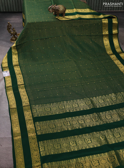 Pure mysore silk saree bottle green with allover small zari checks & buttas and rettapet zari woven border