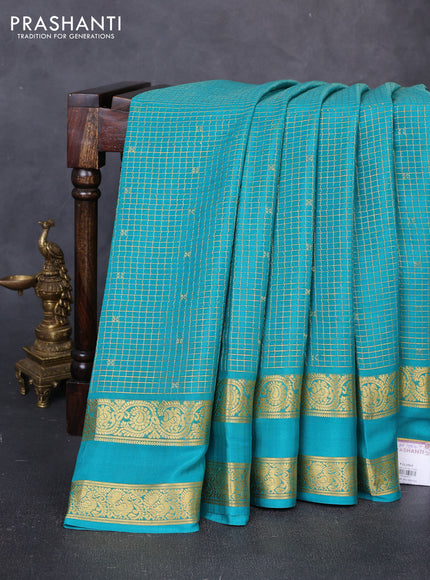 Pure mysore silk saree teal blue with allover small zari checks & buttas and rettapet zari woven border