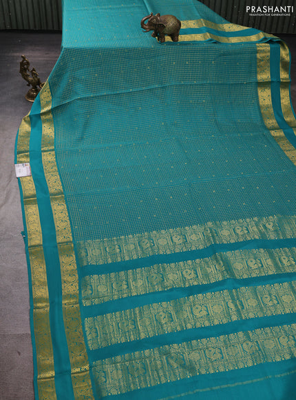 Pure mysore silk saree teal blue with allover small zari checks & buttas and rettapet zari woven border