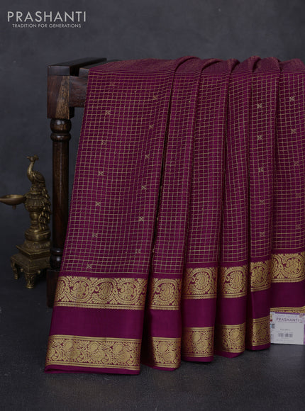 Pure mysore silk saree wine with allover small zari checks & buttas and rettapet zari woven border