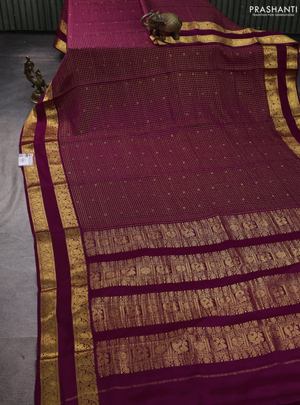 Pure mysore silk saree wine with allover small zari checks & buttas and rettapet zari woven border
