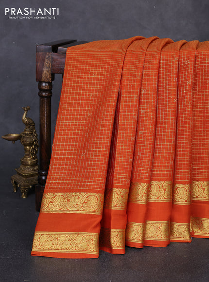 Pure mysore silk saree rustic orange with allover small zari checks & buttas and rettapet zari woven border