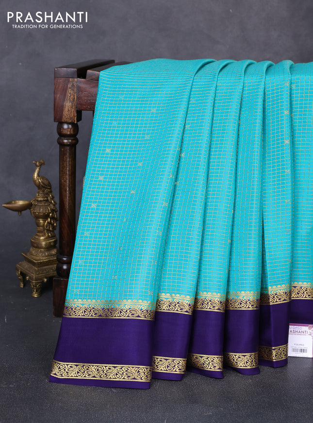 Pure mysore silk saree teal blue and navy blue with allover small zari checked pattern and rettapet zari woven border