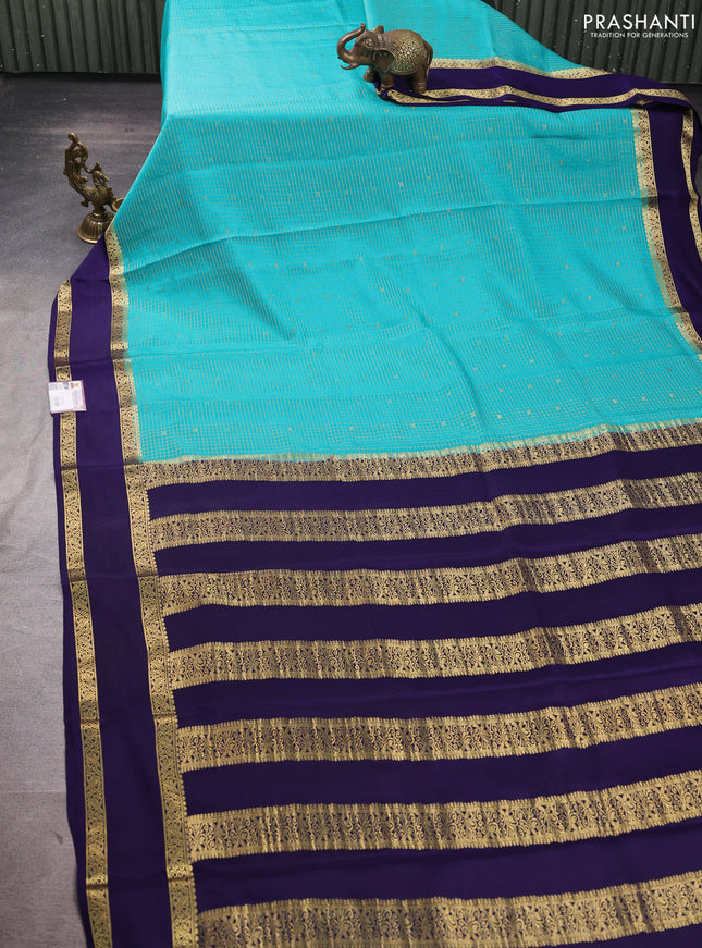 Pure mysore silk saree teal blue and navy blue with allover small zari checked pattern and rettapet zari woven border