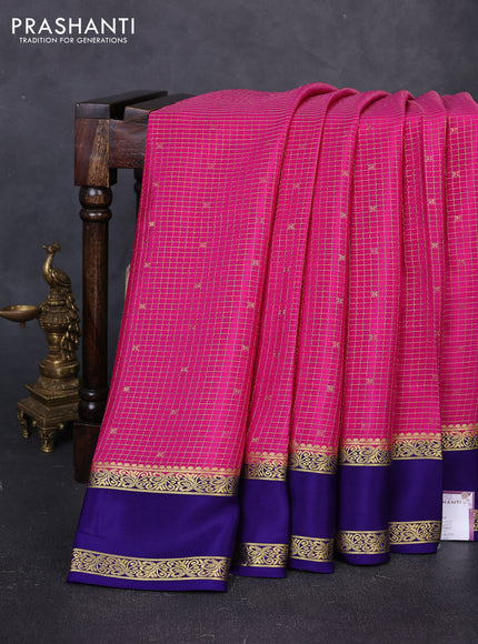 Pure mysore silk saree pink and violet with allover small zari checks & buttas and rettapet zari woven border