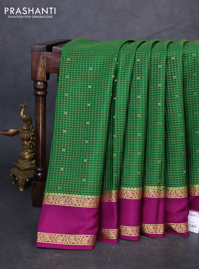 Pure mysore silk saree green and purple with allover small zari checks & buttas and rettapet zari woven border