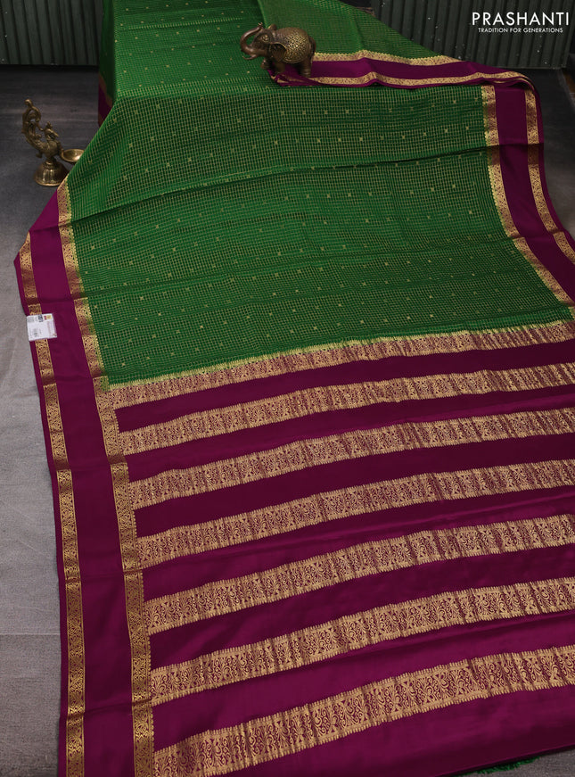 Pure mysore silk saree green and purple with allover small zari checks & buttas and rettapet zari woven border