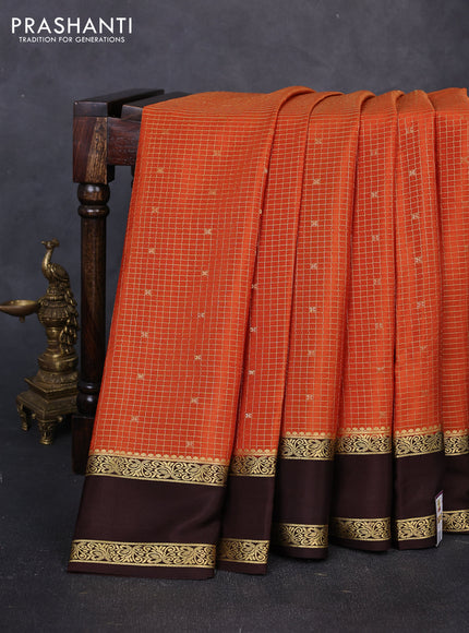 Pure mysore silk saree rustic orange and coffee brown with allover small zari checks & buttas and rettapet zari woven border