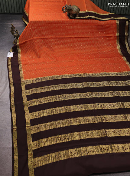 Pure mysore silk saree rustic orange and coffee brown with allover small zari checks & buttas and rettapet zari woven border