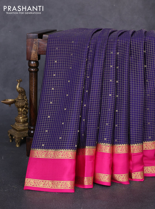 Pure mysore silk saree navy blue and pink with allover small zari checks & buttas and rettapet zari woven border