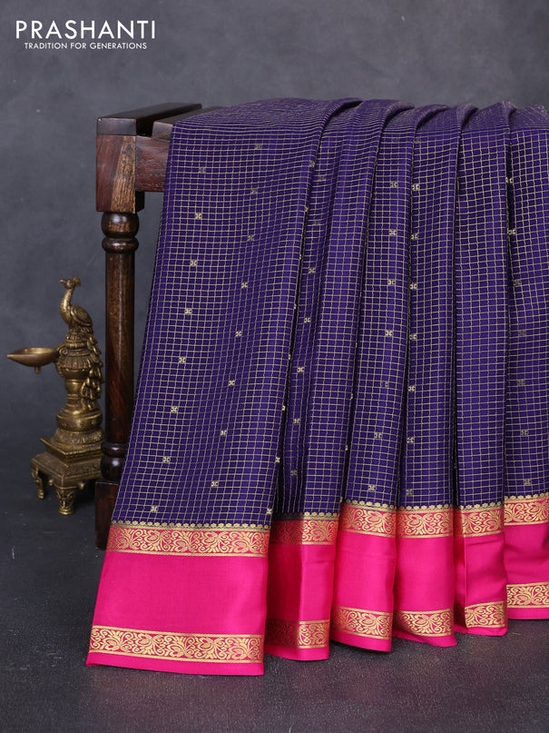 Pure mysore silk saree navy blue and pink with allover small zari checks & buttas and rettapet zari woven border