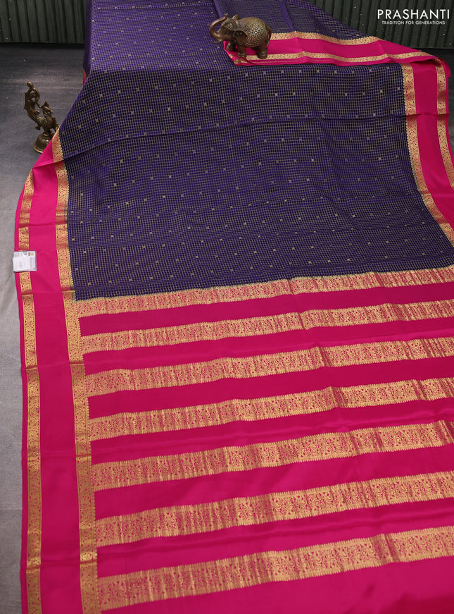 Pure mysore silk saree navy blue and pink with allover small zari checks & buttas and rettapet zari woven border