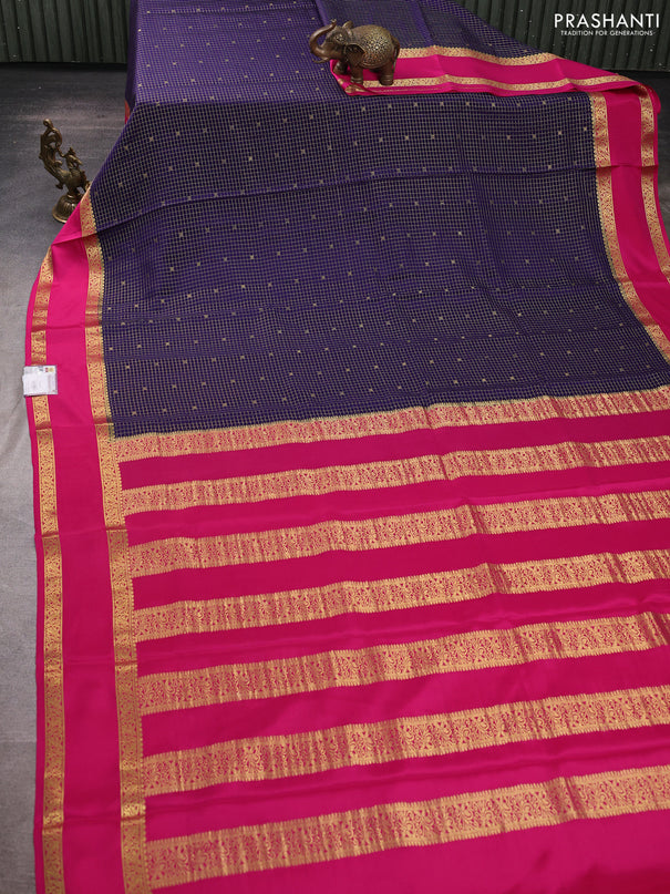 Pure mysore silk saree navy blue and pink with allover small zari checks & buttas and rettapet zari woven border