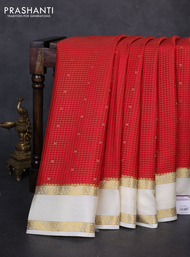Pure mysore silk saree red and cream with allover small zari checks & buttas and rettapet zari woven border