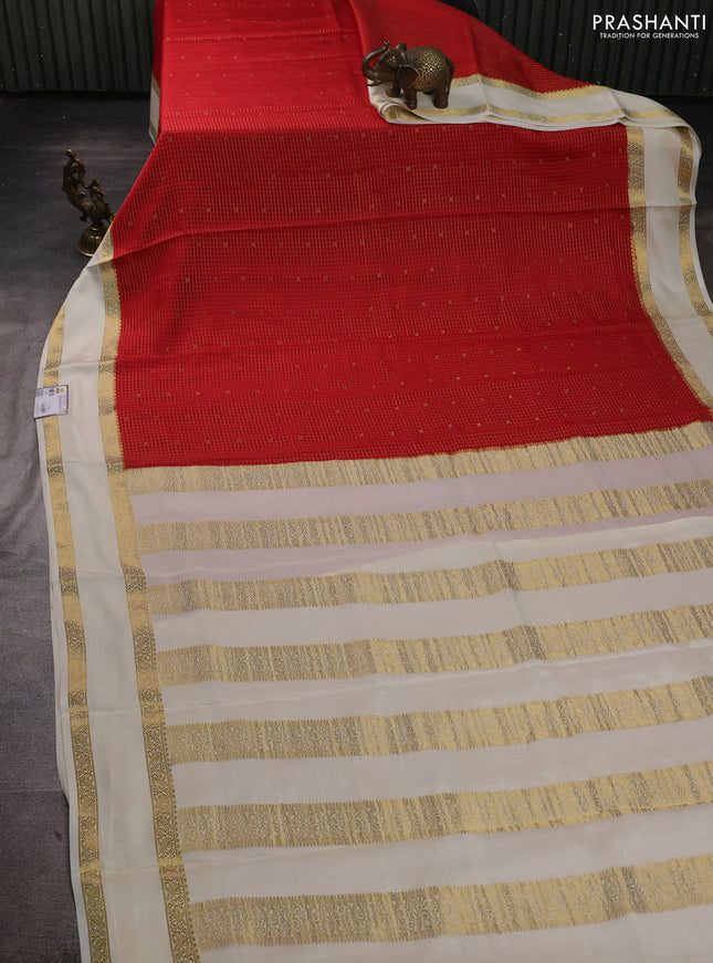 Pure mysore silk saree red and cream with allover small zari checks & buttas and rettapet zari woven border
