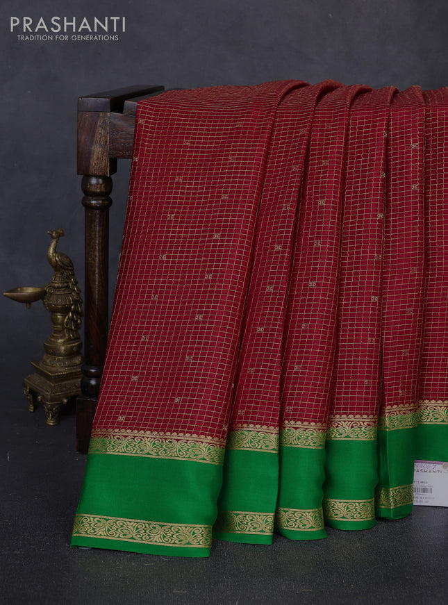 Pure mysore silk saree maroon and green with allover small zari checks & buttas and rettapet zari woven border