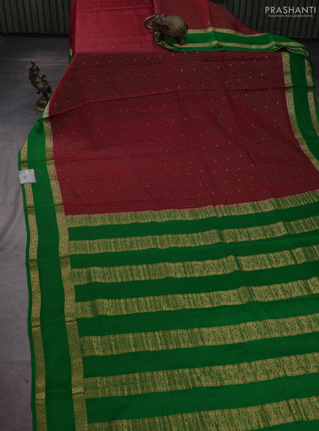 Pure mysore silk saree maroon and green with allover small zari checks & buttas and rettapet zari woven border