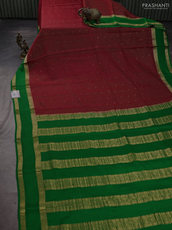 Pure mysore silk saree maroon and green with allover small zari checks & buttas and rettapet zari woven border