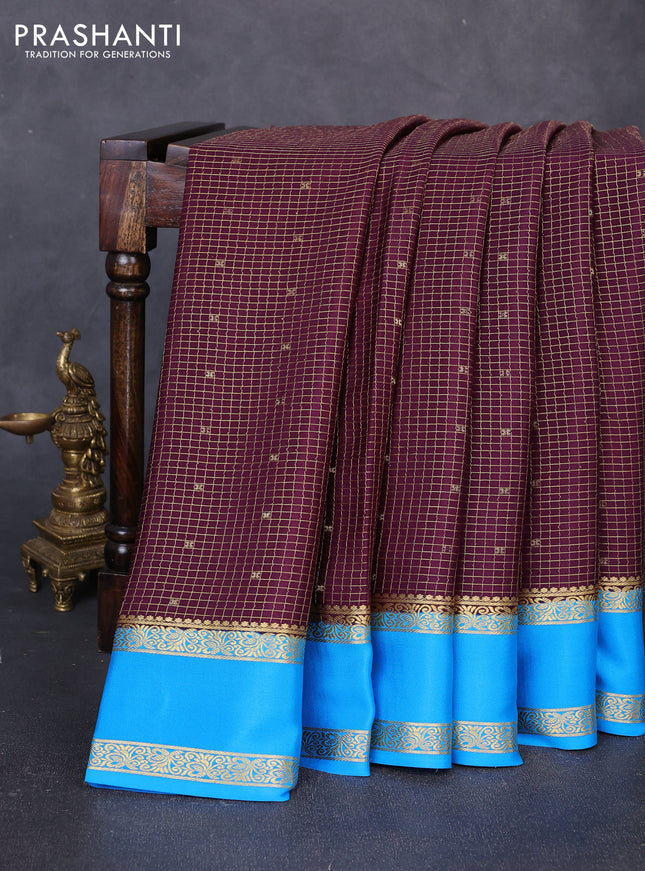 Pure mysore silk saree deep wine and blue with allover small zari checks & buttas and rettapet zari woven border