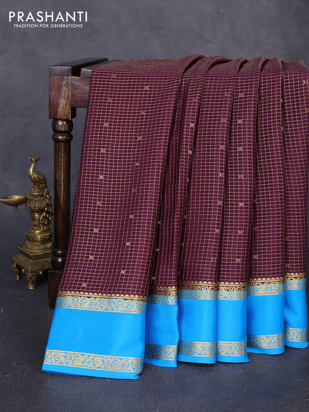 Pure mysore silk saree deep wine and blue with allover small zari checks & buttas and rettapet zari woven border