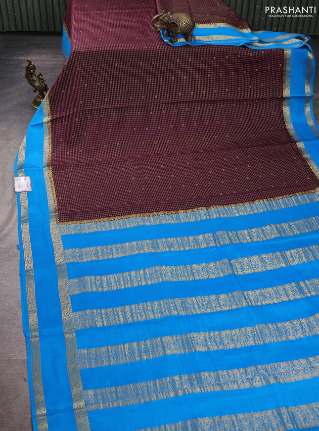 Pure mysore silk saree deep wine and blue with allover small zari checks & buttas and rettapet zari woven border