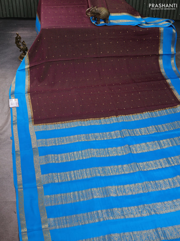Pure mysore silk saree deep wine and blue with allover small zari checks & buttas and rettapet zari woven border