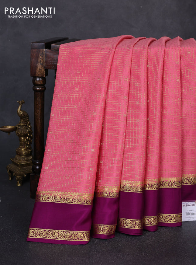 Pure mysore silk saree peach pink and purple with allover small zari checks & buttas and rettapet zari woven border