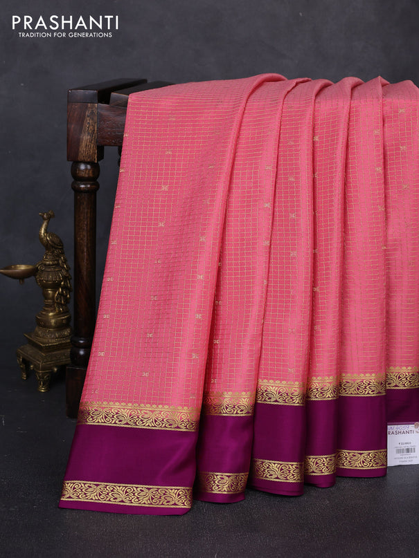 Pure mysore silk saree peach pink and purple with allover small zari checks & buttas and rettapet zari woven border