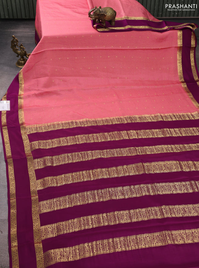 Pure mysore silk saree peach pink and purple with allover small zari checks & buttas and rettapet zari woven border