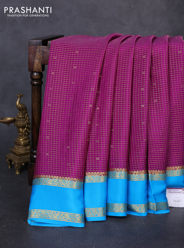 Pure mysore silk saree purple and blue with allover small zari checks & buttas and rettapet zari woven border