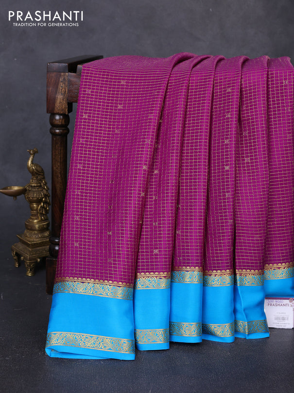 Pure mysore silk saree purple and blue with allover small zari checks & buttas and rettapet zari woven border