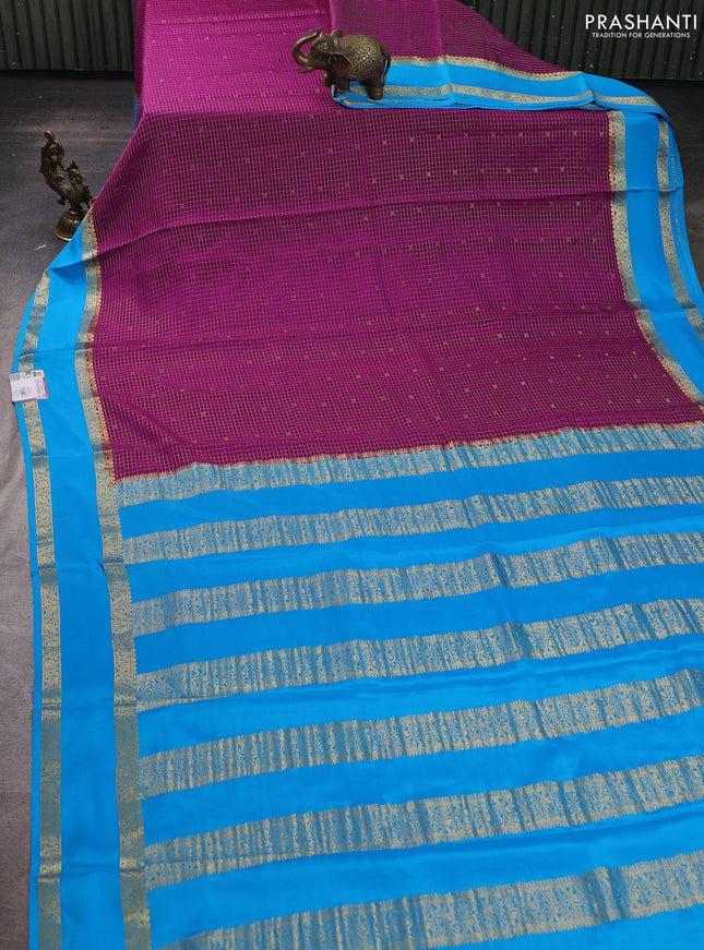 Pure mysore silk saree purple and blue with allover small zari checks & buttas and rettapet zari woven border