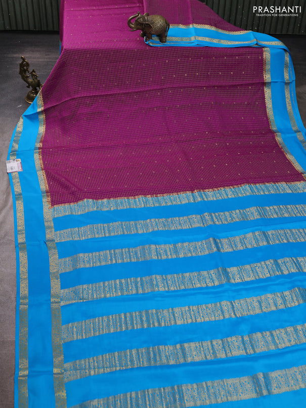 Pure mysore silk saree purple and blue with allover small zari checks & buttas and rettapet zari woven border