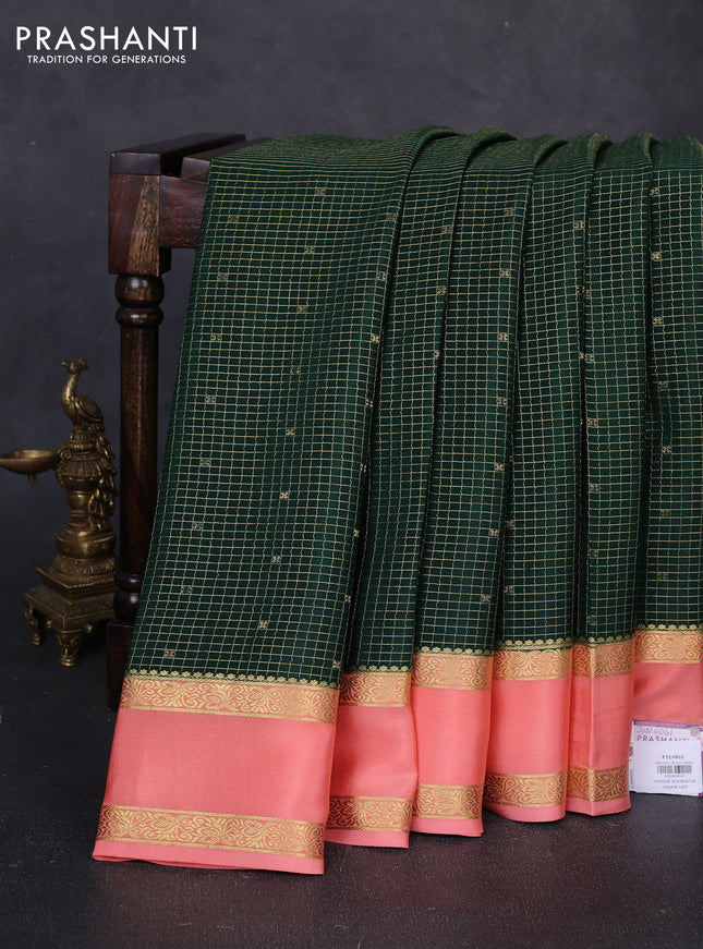 Pure mysore silk saree bottle green and peach with allover small zari checks & buttas and rettapet zari woven border