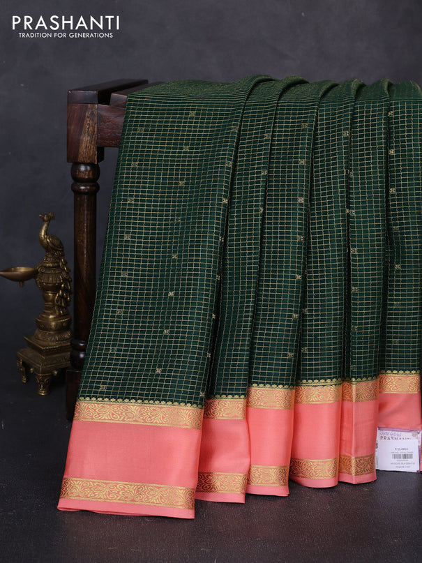 Pure mysore silk saree bottle green and peach with allover small zari checks & buttas and rettapet zari woven border