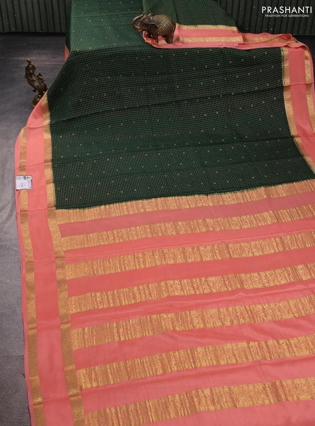 Pure mysore silk saree bottle green and peach with allover small zari checks & buttas and rettapet zari woven border