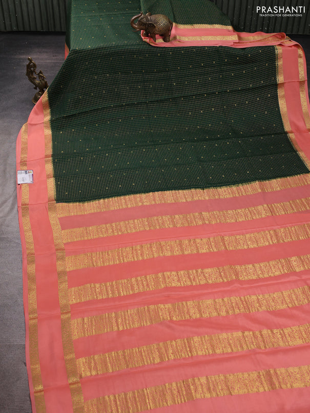 Pure mysore silk saree bottle green and peach with allover small zari checks & buttas and rettapet zari woven border