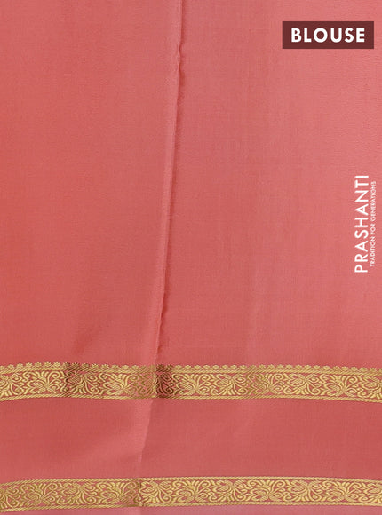 Pure mysore silk saree bottle green and peach with allover small zari checks & buttas and rettapet zari woven border