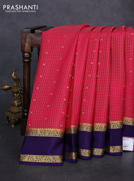 Pure mysore silk saree pink and violet with allover small zari checks & buttas and rettapet zari woven border