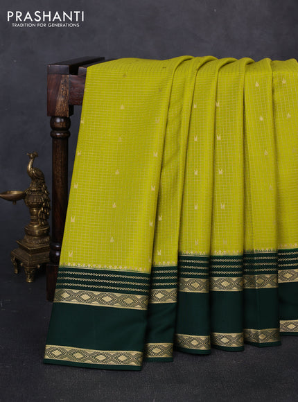 Pure mysore silk saree lime green and bottle green with allover small zari checks & buttas and rettapet zari woven border