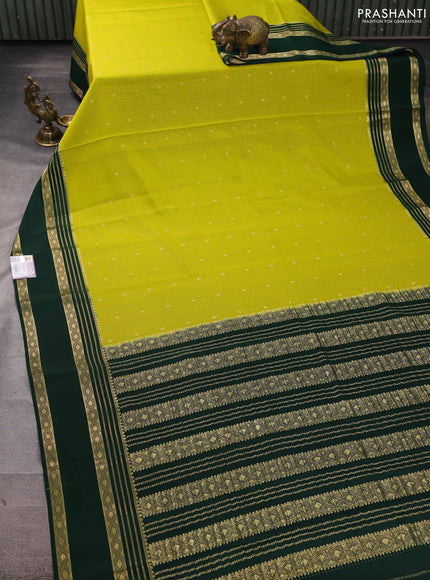 Pure mysore silk saree lime green and bottle green with allover small zari checks & buttas and rettapet zari woven border