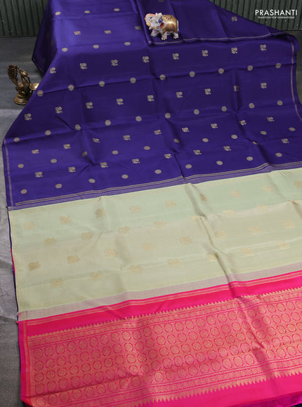 Pure kanchipuram silk saree blue and pink with annam & rudhraksha zari woven buttas and piping zari woven border