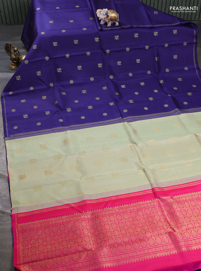 Pure kanchipuram silk saree blue and pink with annam & rudhraksha zari woven buttas and piping zari woven border