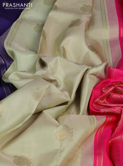 Pure kanchipuram silk saree blue and pink with annam & rudhraksha zari woven buttas and piping zari woven border