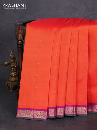 Pure kanchipuram silk saree orange and purple with zari woven buttas and paisley zari woven korvai border