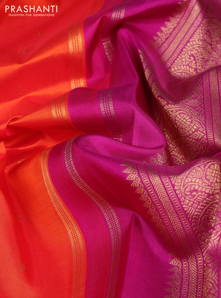 Pure kanchipuram silk saree orange and purple with zari woven buttas and paisley zari woven korvai border